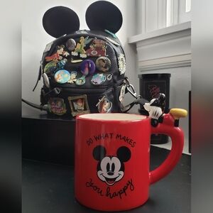 Disney Mickey Mouse Red Mug with Mickey figurine on Handle 20oz